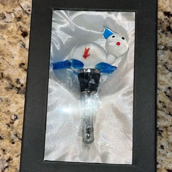 Kitty cat with blue ears feet & tail Goldfish in belly glass Bottle Stopper Wine - Picture 1 of 2